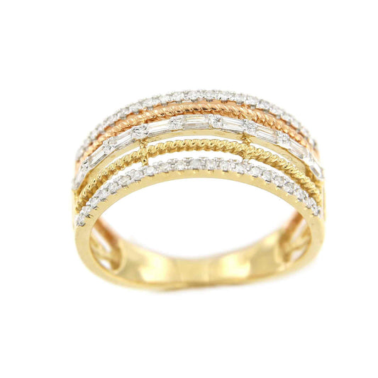 Anillo EDIL 5 alianzas en oro 3 colores con brillantes y baguettes - Roman Joyero