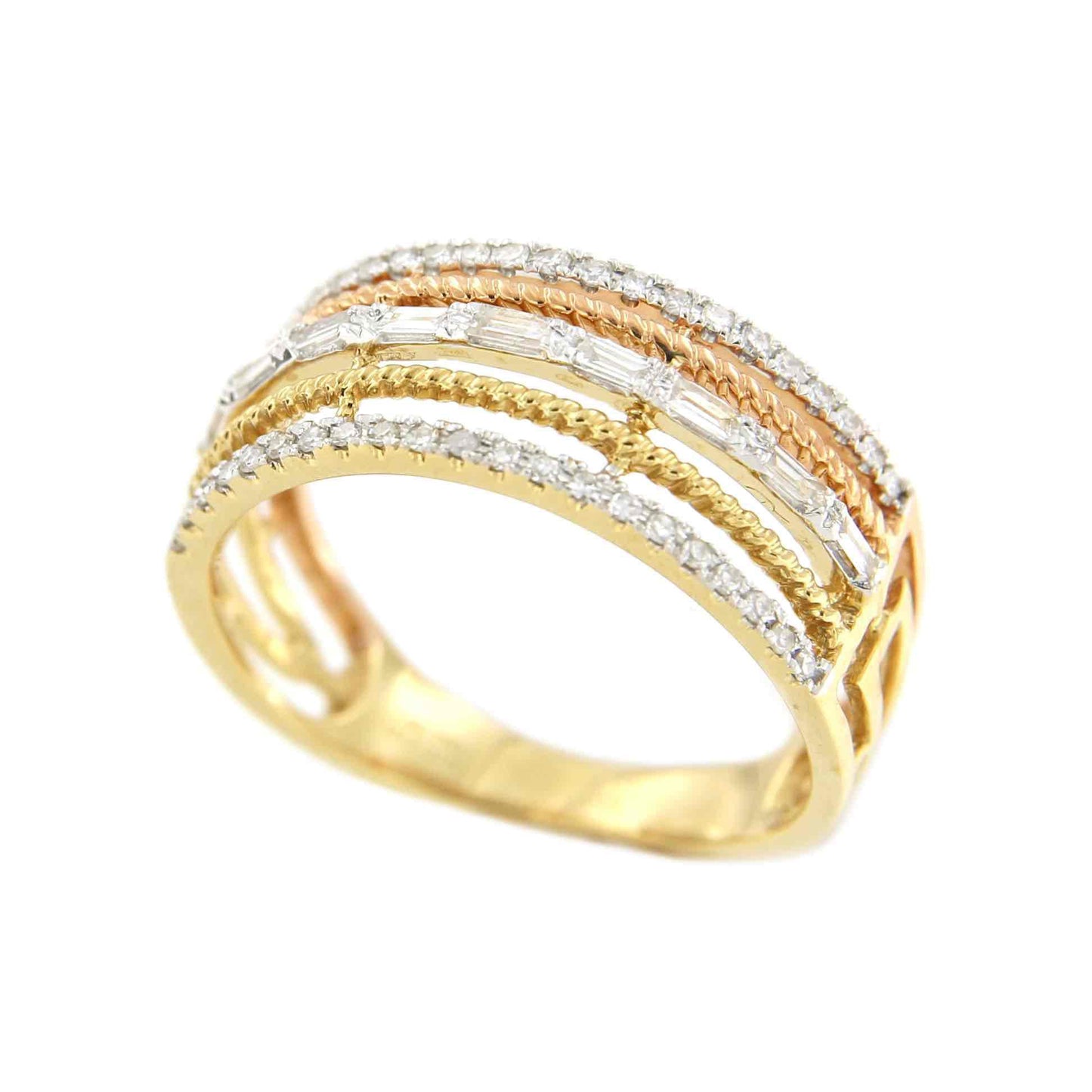 Anillo EDIL 5 alianzas en oro 3 colores con brillantes y baguettes - Roman Joyero
