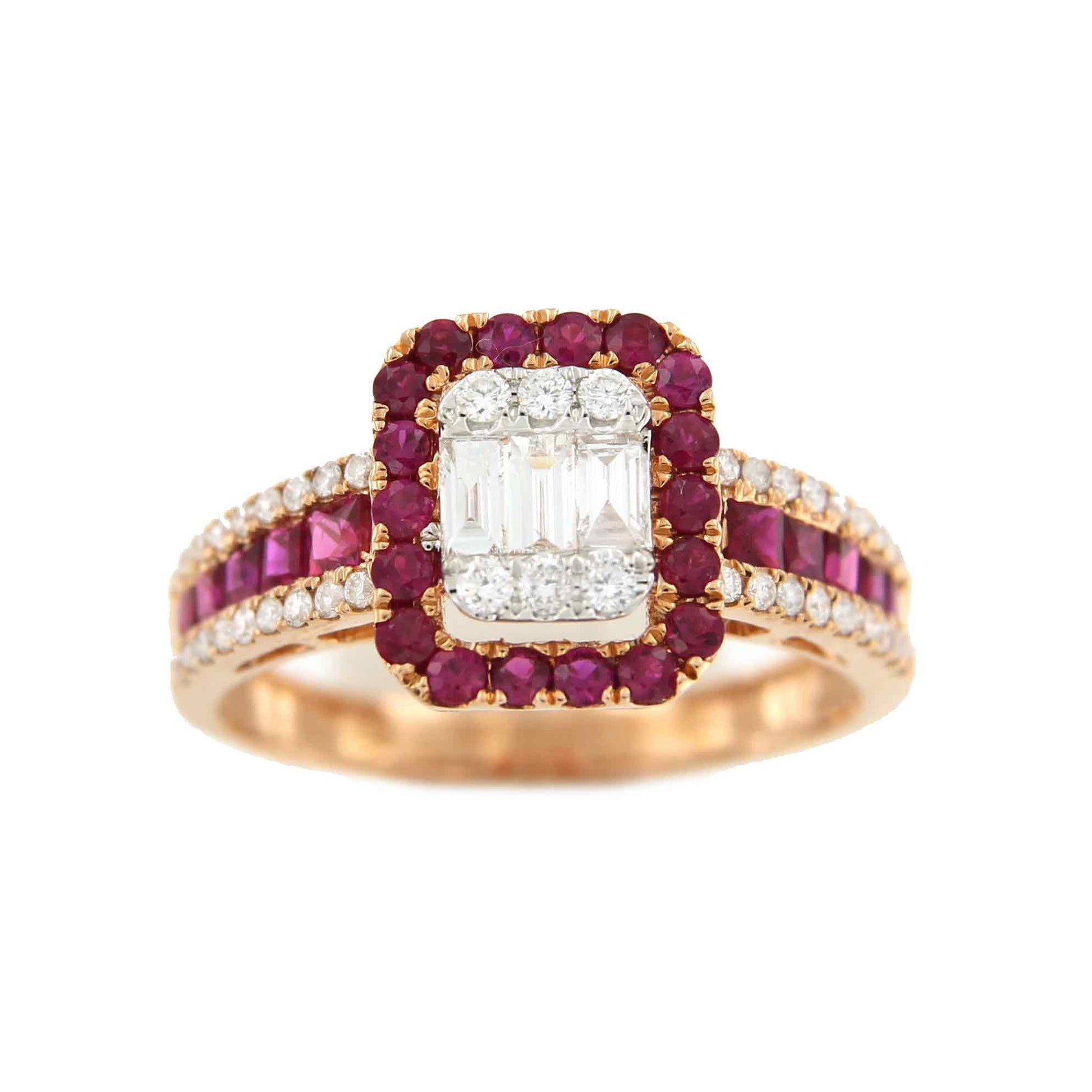 Anillo SERVAT en oro rosa con brillantes, baguettes y rubies - Roman Joyero