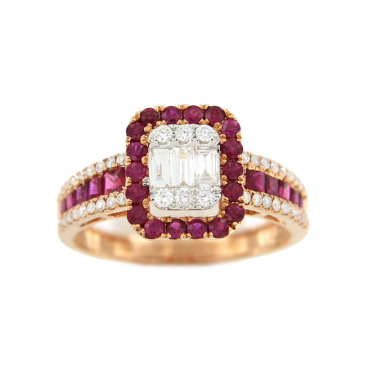 Anillo SERVAT en oro rosa con brillantes, baguettes y rubies - Roman Joyero