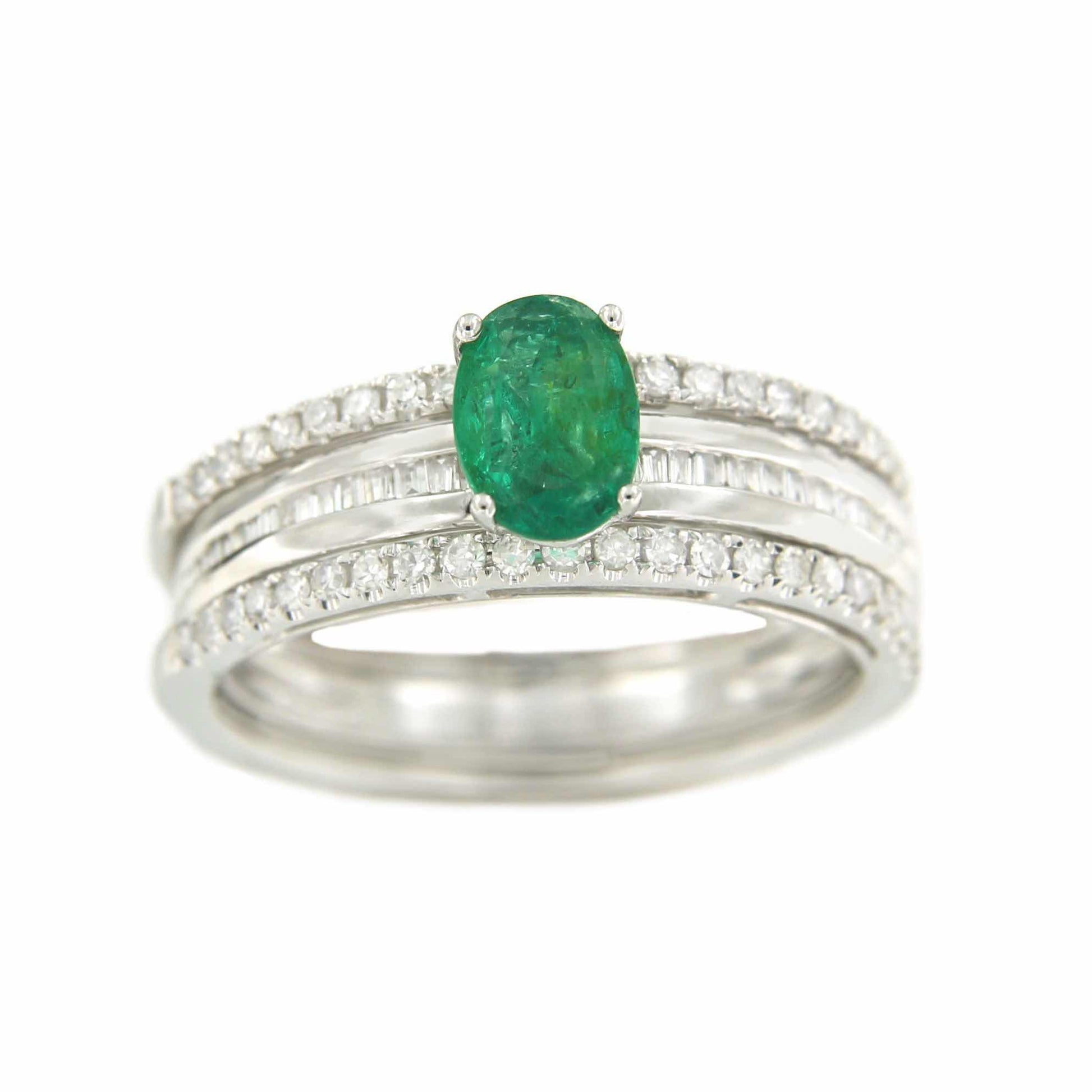 Anillo IRFAN en oro blanco con esmeralda, brillantes y baguettes