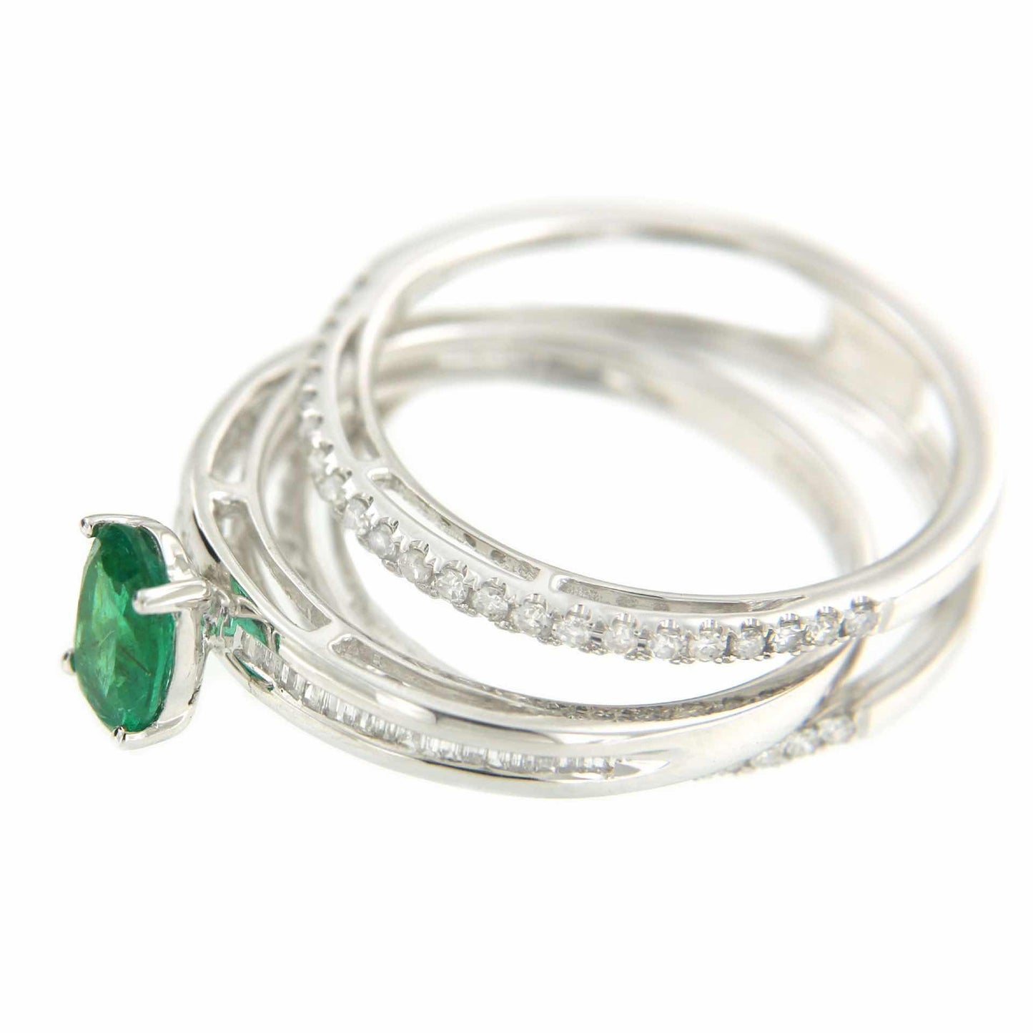 Anillo IRFAN en oro blanco con esmeralda, brillantes y baguettes