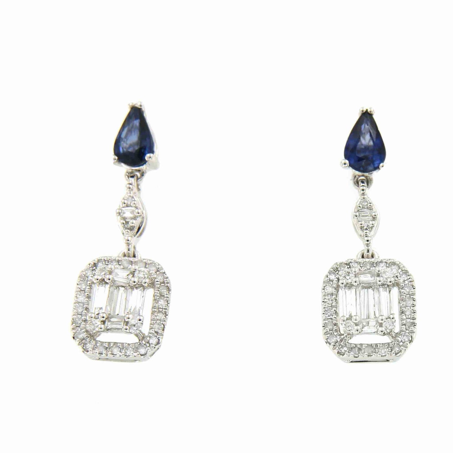 SERVET pendientes zafiro y brillantes colgantes oro blanco 18k - Roman Joyero