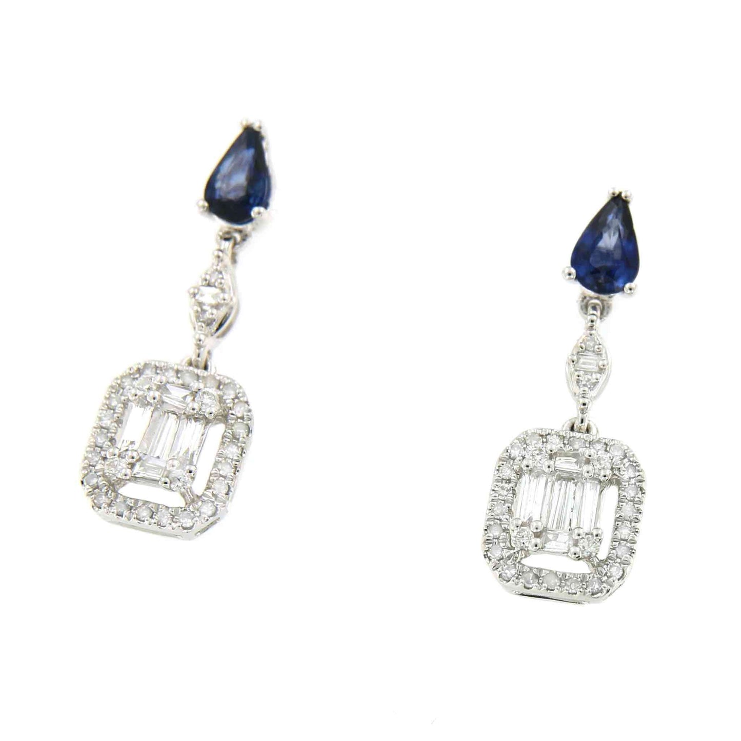 SERVET pendientes zafiro y brillantes colgantes oro blanco 18k - Roman Joyero