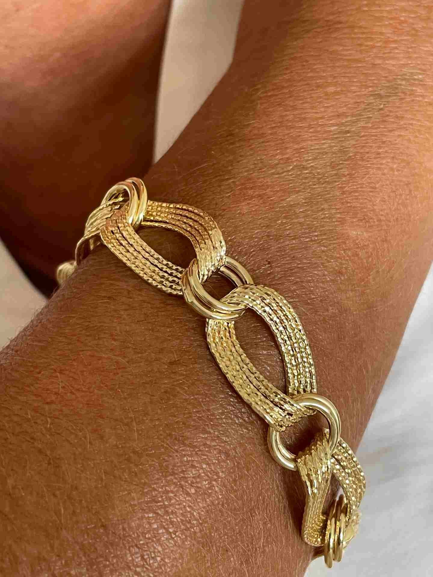 TURIN pulsera plata 1ª ley bañada oro eslabones lisos y mates - Roman Joyero