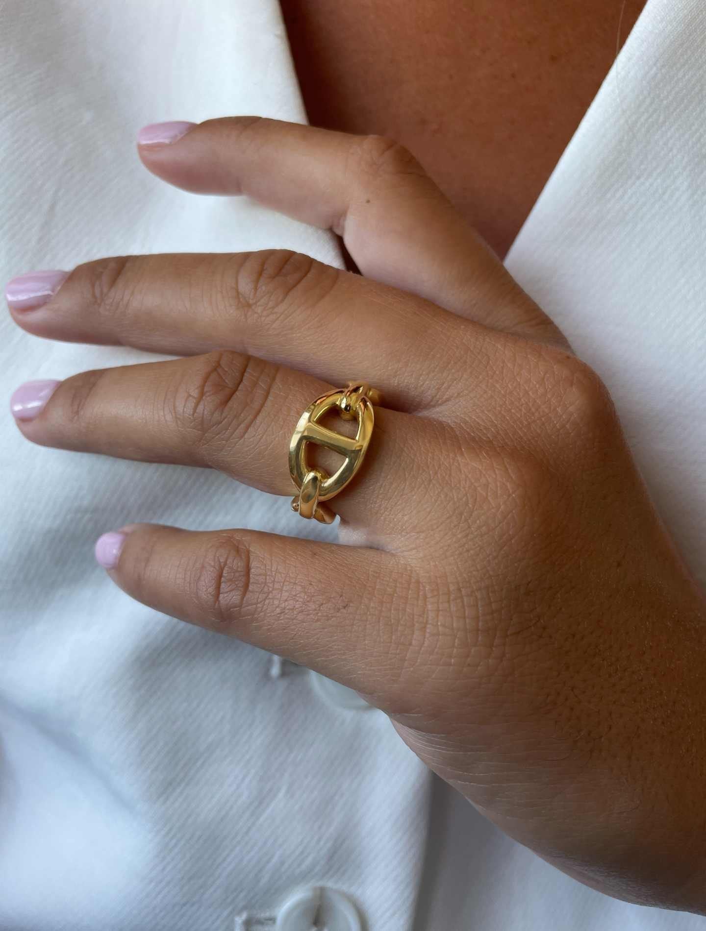 ERNANI anillo ancho eslabón barco plata 1ª ley bañada oro