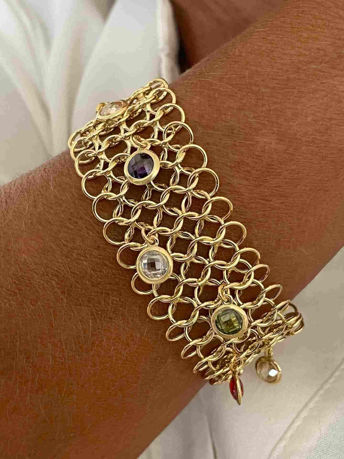 ALEJANDRIA pulsera ancha plata 1ª ley bañada oro y piedras colores - Roman Joyero