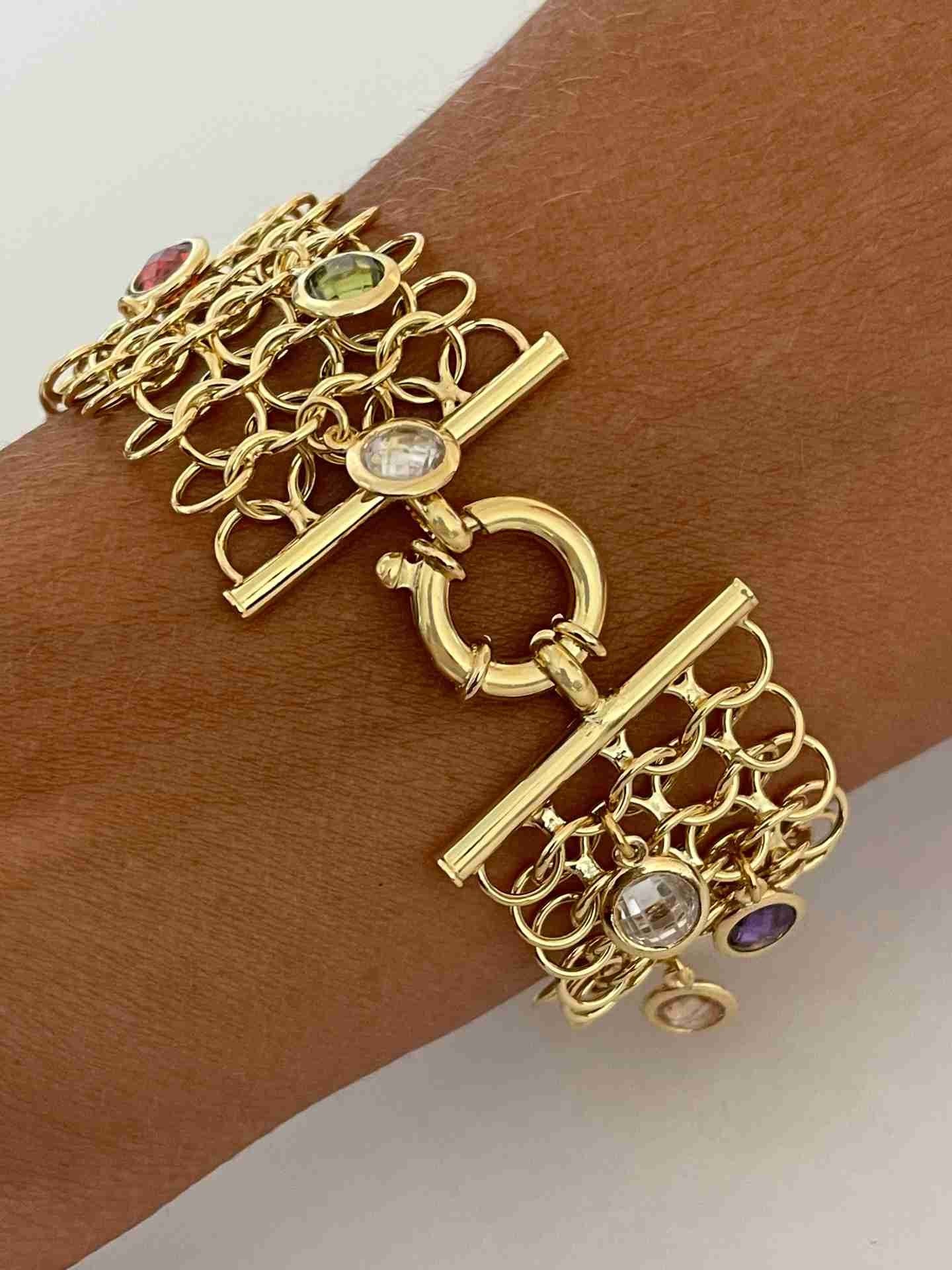 ALEJANDRIA pulsera ancha plata 1ª ley bañada oro y piedras colores - Roman Joyero