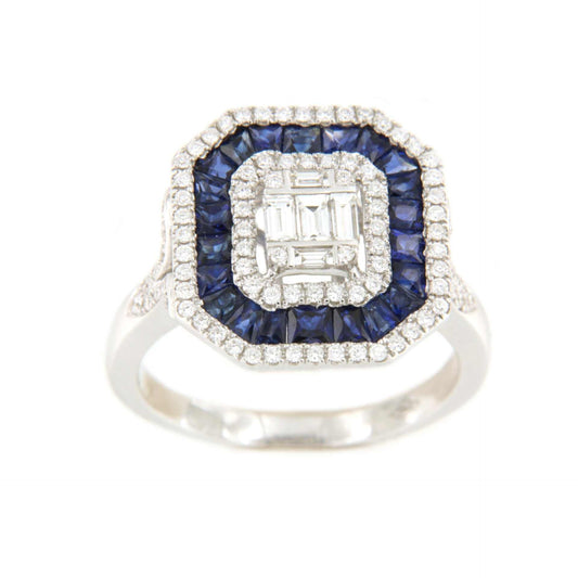 CYGNUS anillo rectangular oro blanco brillantes y zafiros