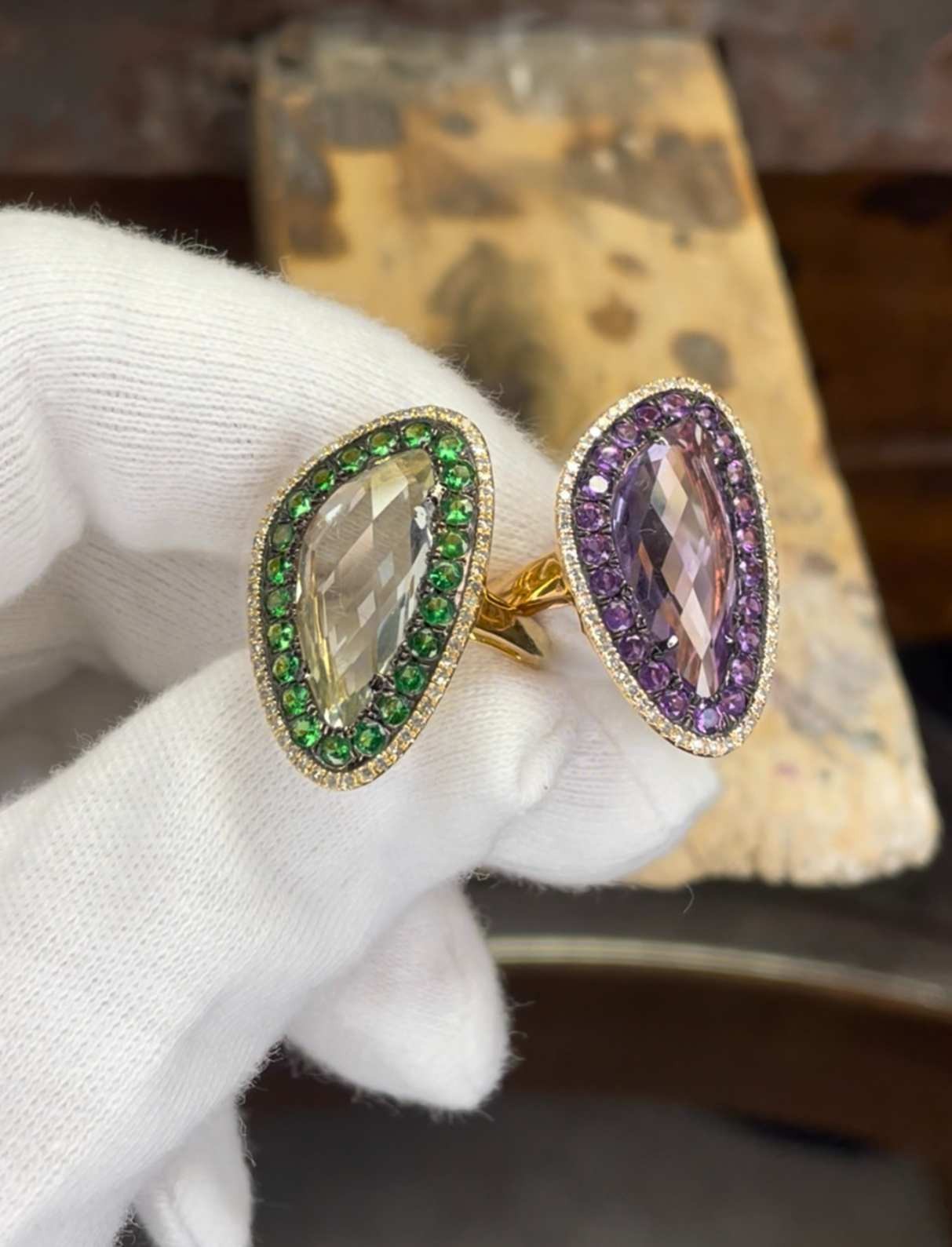 MILONGA, anillo de oro rosa con diamante y amatista