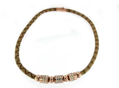 Collar de acero y piel en color beige y circonitas. - Roman Joyero