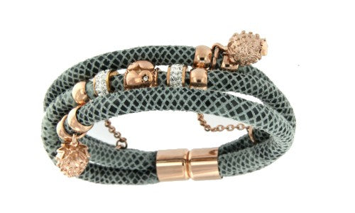 Pulsera de triple cabo en acero y piel de color gris. - Roman Joyero