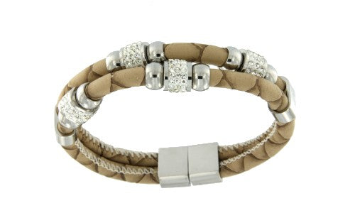 Pulsera de doble cabo de acero y piel en color beige. - Roman Joyero