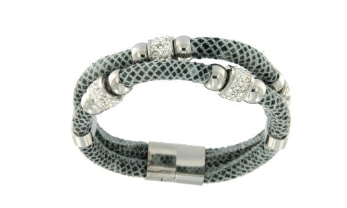 Pulsera con doble cabo de acero y piel en color gris. - Roman Joyero