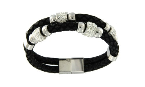 Pulsera con doble cabo en acero y piel de color negro. - Roman Joyero