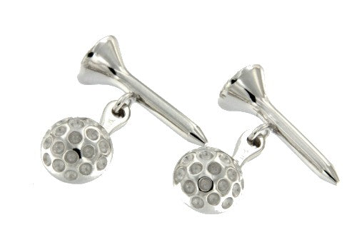 Gemelos de caballero en plata con media bola de golf y tee. - Roman Joyero