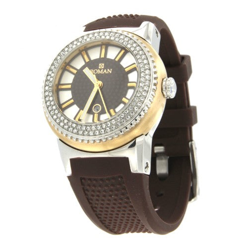 Reloj dorado y plateado Román con correa de caucho marrón - Roman Joyero