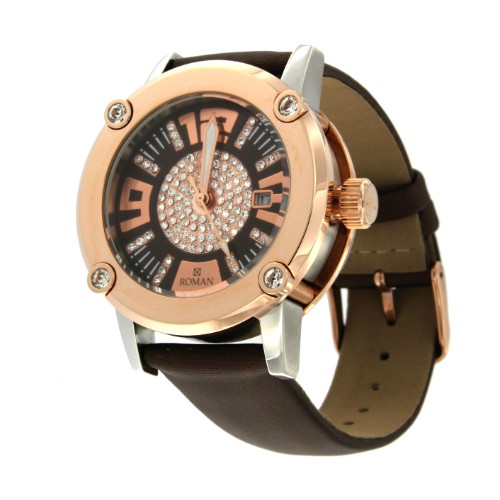 Reloj Román rosa y blanco con correa de seda color marrón. - Roman Joyero