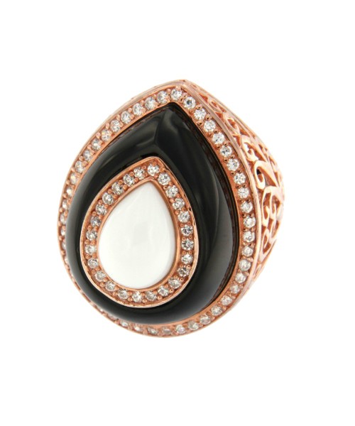 AMBROSINE, anillo de plata rosada con onyx y ágata blanca. - Roman Joyero