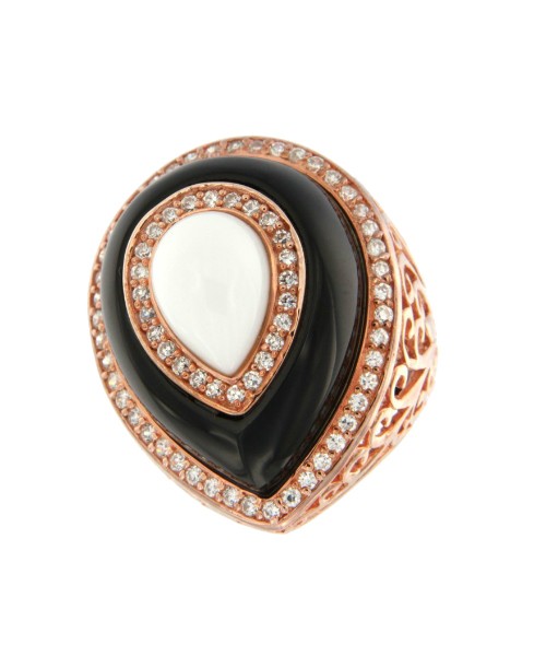 AMBROSINE, anillo de plata rosada con onyx y ágata blanca. - Roman Joyero