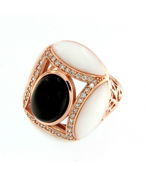 AMBROSE, anillo de plata rosada con ágata blanca y onyx - Roman Joyero