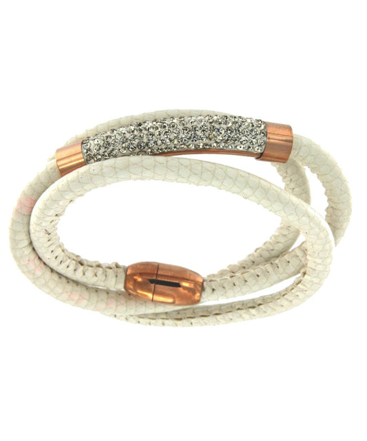 DEVOTO-A pulsera de acero y piel con 3 bandas blancas y cilindro. - Roman Joyero