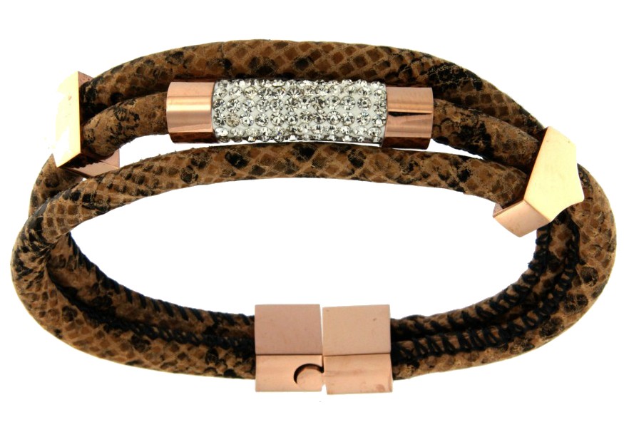 Pulsera de acero y piel con 3 bandas en camel con cilindro. - Roman Joyero