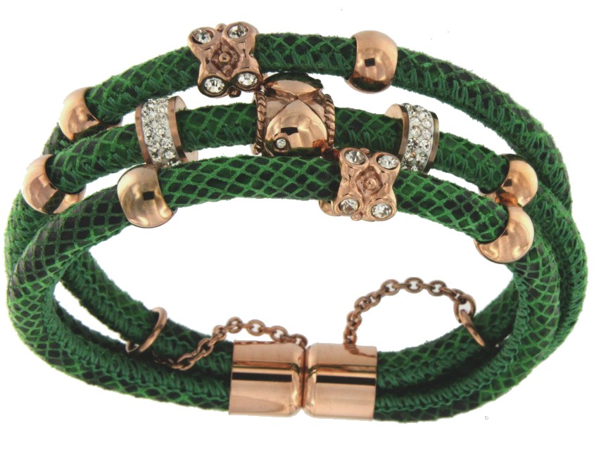 CAMINANTE-F pulsera de acero y piel con 3 bandas negras y verdes. - Roman Joyero