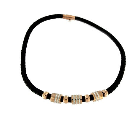 Collar de acero y piel en color negro y circonitas. - Roman Joyero