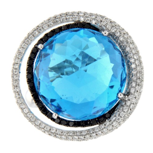 SAMBA, anillo de oro blanco con diamantes blancos y negros y topacio - Roman Joyero