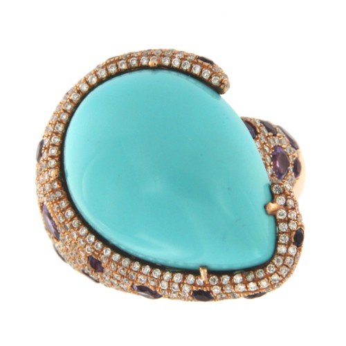 POLCA, anillo de oro rosa, diamante, amatista y calcedonia - Roman Joyero