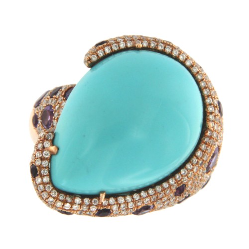 POLCA, anillo de oro rosa, diamante, amatista y calcedonia - Roman Joyero