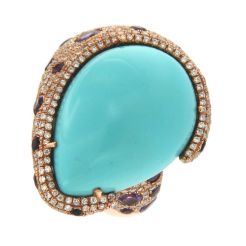 POLCA, anillo de oro rosa, diamante, amatista y calcedonia - Roman Joyero