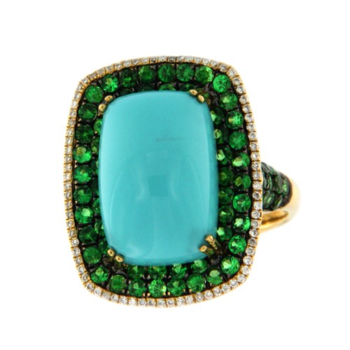 LAMBADA, anillo de oro con diamante, granate y turquesa - Roman Joyero