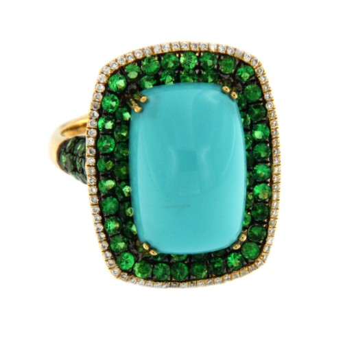 LAMBADA, anillo de oro con diamante, granate y turquesa - Roman Joyero