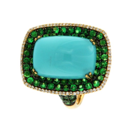 LAMBADA, anillo de oro con diamante, granate y turquesa - Roman Joyero