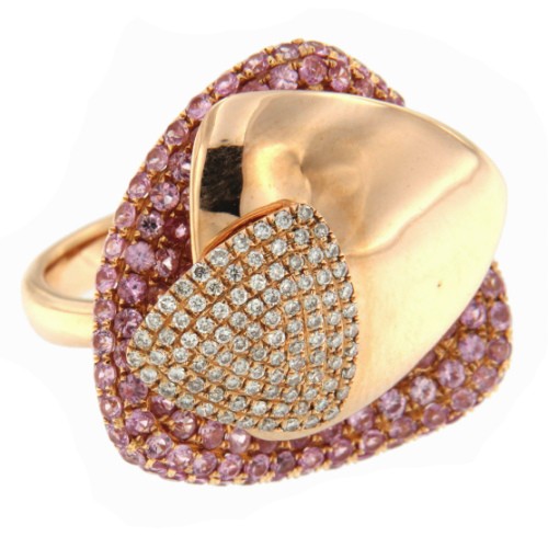 TWIST, anillo de oro rosa con triángulos de diamantes de colores - Roman Joyero