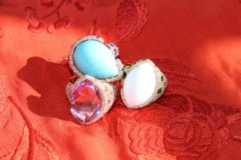 POLCA, anillo de oro rosa, diamante, amatista y calcedonia - Roman Joyero