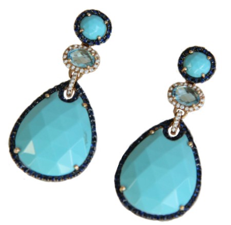 Pendientes largos en oro rosa con zafiro, diamante y turquesa - Roman Joyero