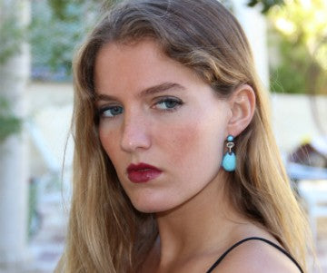 Pendientes largos en oro rosa con zafiro, diamante y turquesa - Roman Joyero