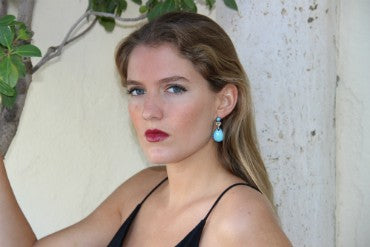 Pendientes largos en oro rosa con zafiro, diamante y turquesa - Roman Joyero