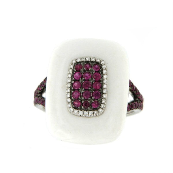 JAYUYA anillo de oro blanco, ágata, diamante y rubíes - Roman Joyero