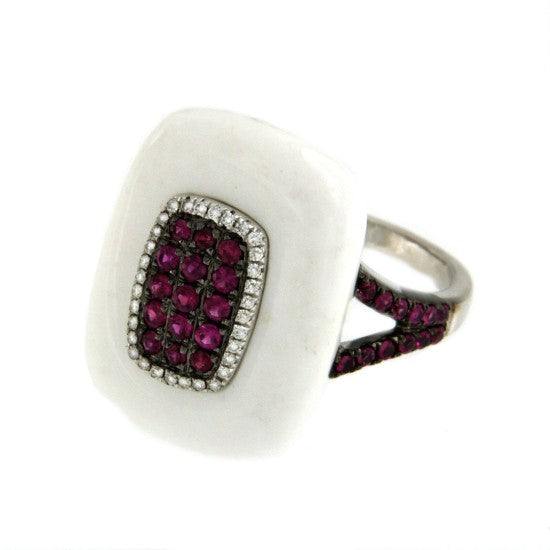 JAYUYA anillo de oro blanco, ágata, diamante y rubíes - Roman Joyero