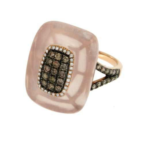 anillo SERPA ancho de oro rosa, cuarzo rosa, y diamantes - Roman Joyero