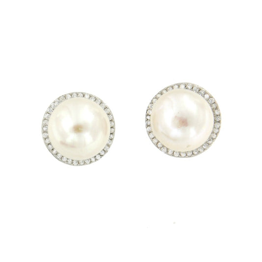 Pendientes cortos de plata con baño de rodio y perlas - Roman Joyero