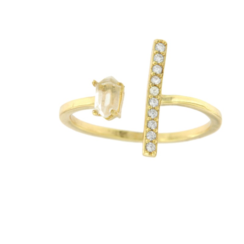 Anillo de plata con baño de oro semiabierto con circonita y cuarzo - Roman Joyero