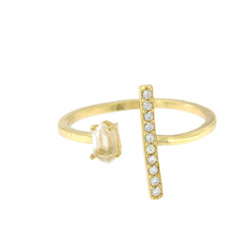 Anillo de plata con baño de oro semiabierto con circonita y cuarzo - Roman Joyero