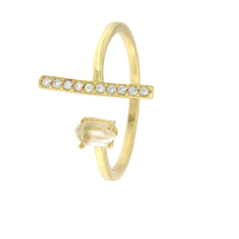 Anillo de plata con baño de oro semiabierto con circonita y cuarzo - Roman Joyero