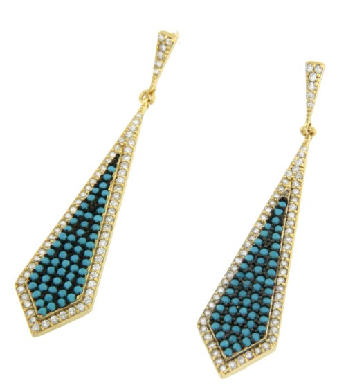 Pendiente largo de plata con baño de oro, circonitas y turquesas - Roman Joyero