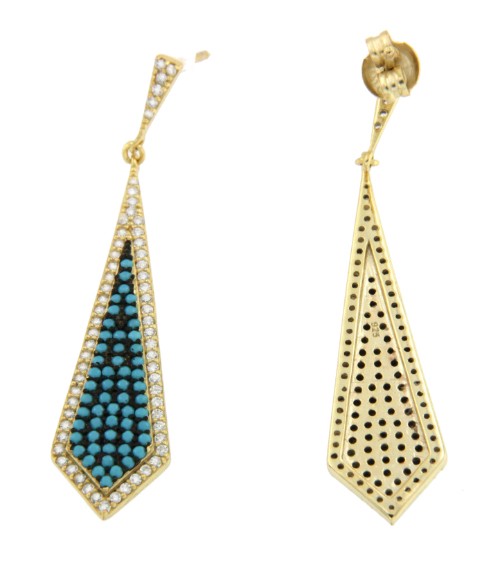 Pendiente largo de plata con baño de oro, circonitas y turquesas - Roman Joyero